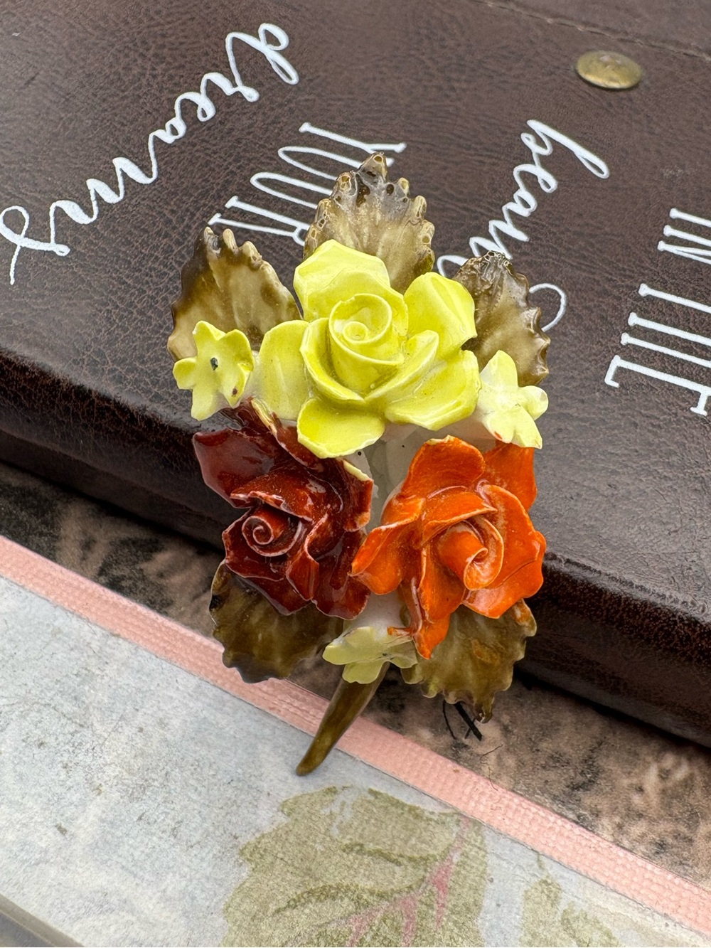 Vintage Adderley Floral Brooch English Garden Cottagecore Rose Pin 2.25”